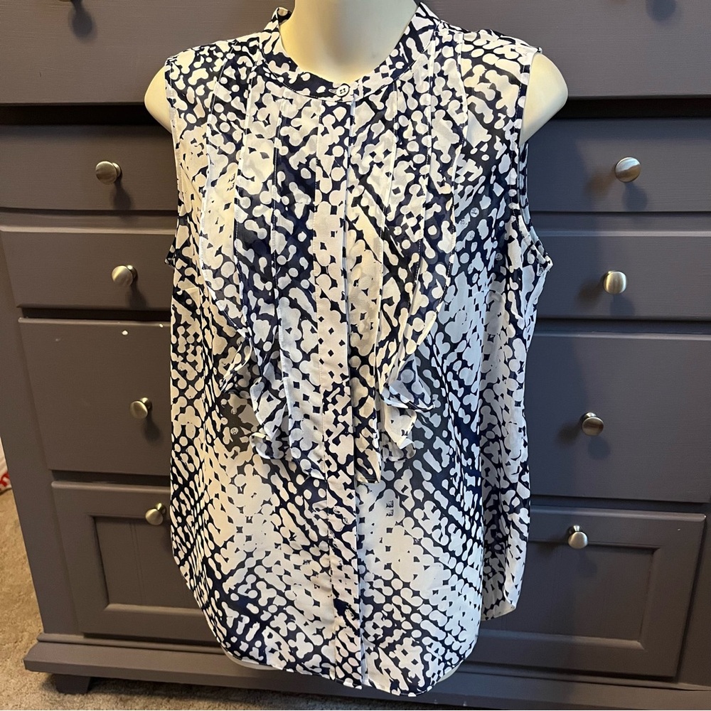 Cabi navy and white sheer frill sleeveless button-down.